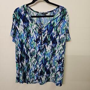 Sami & Jo Blue Green Abstract Chevron Print Top Ring V Neck Short Sleeve Size 2X